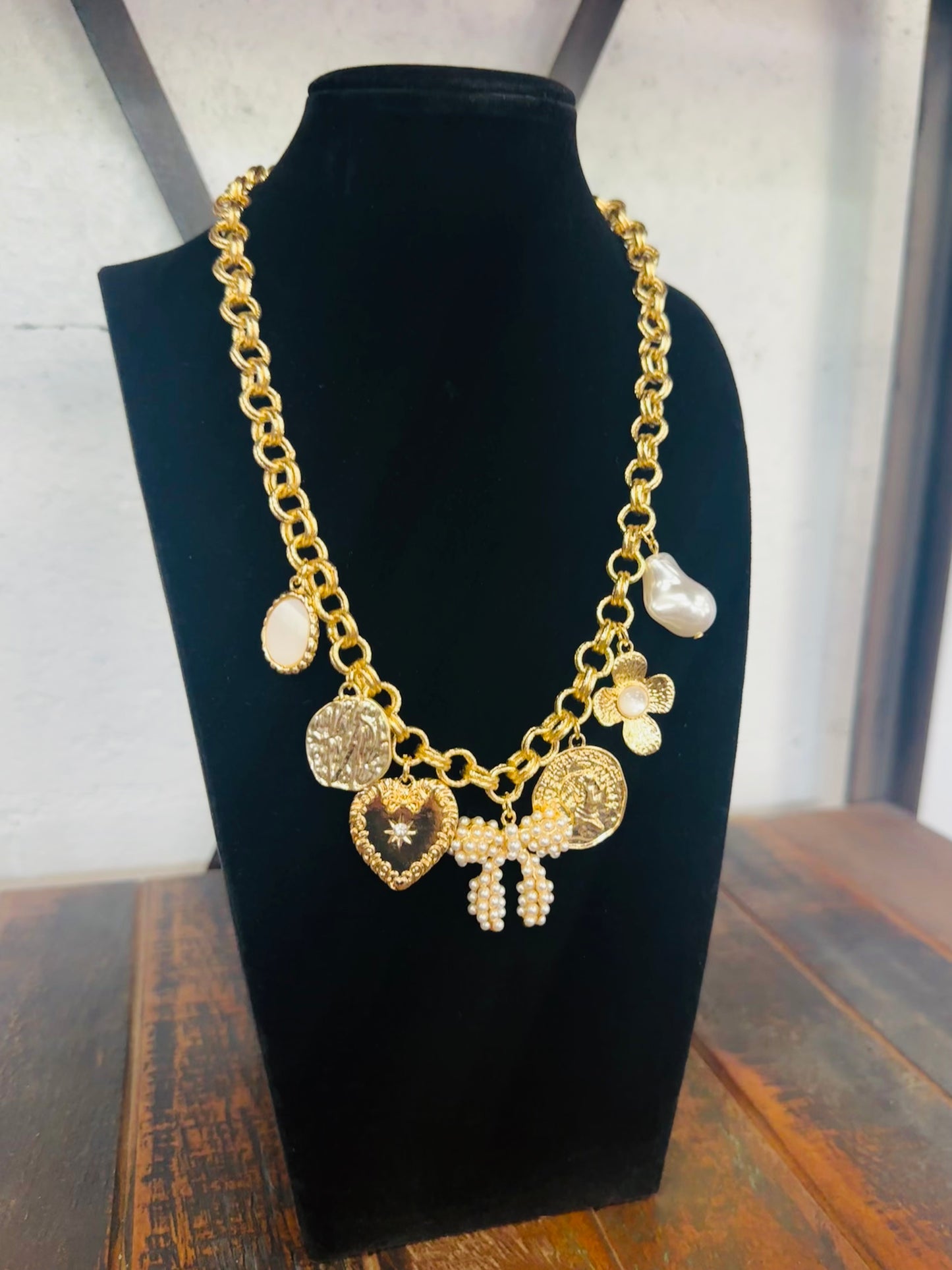 Gold Bow Multi Charm Necklace