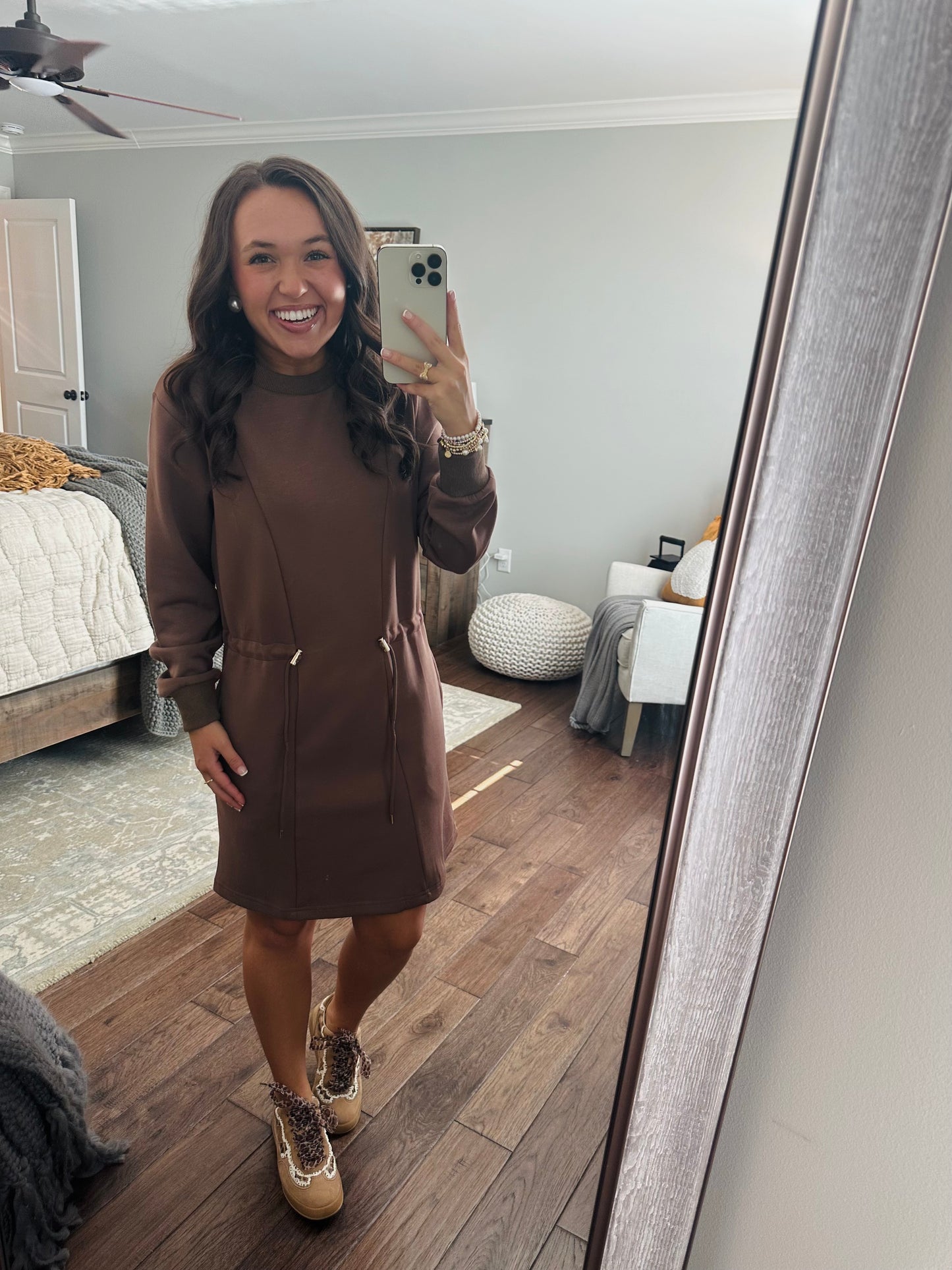 The Mocha Jersey Knit Long Sleeve Drawstring Dress