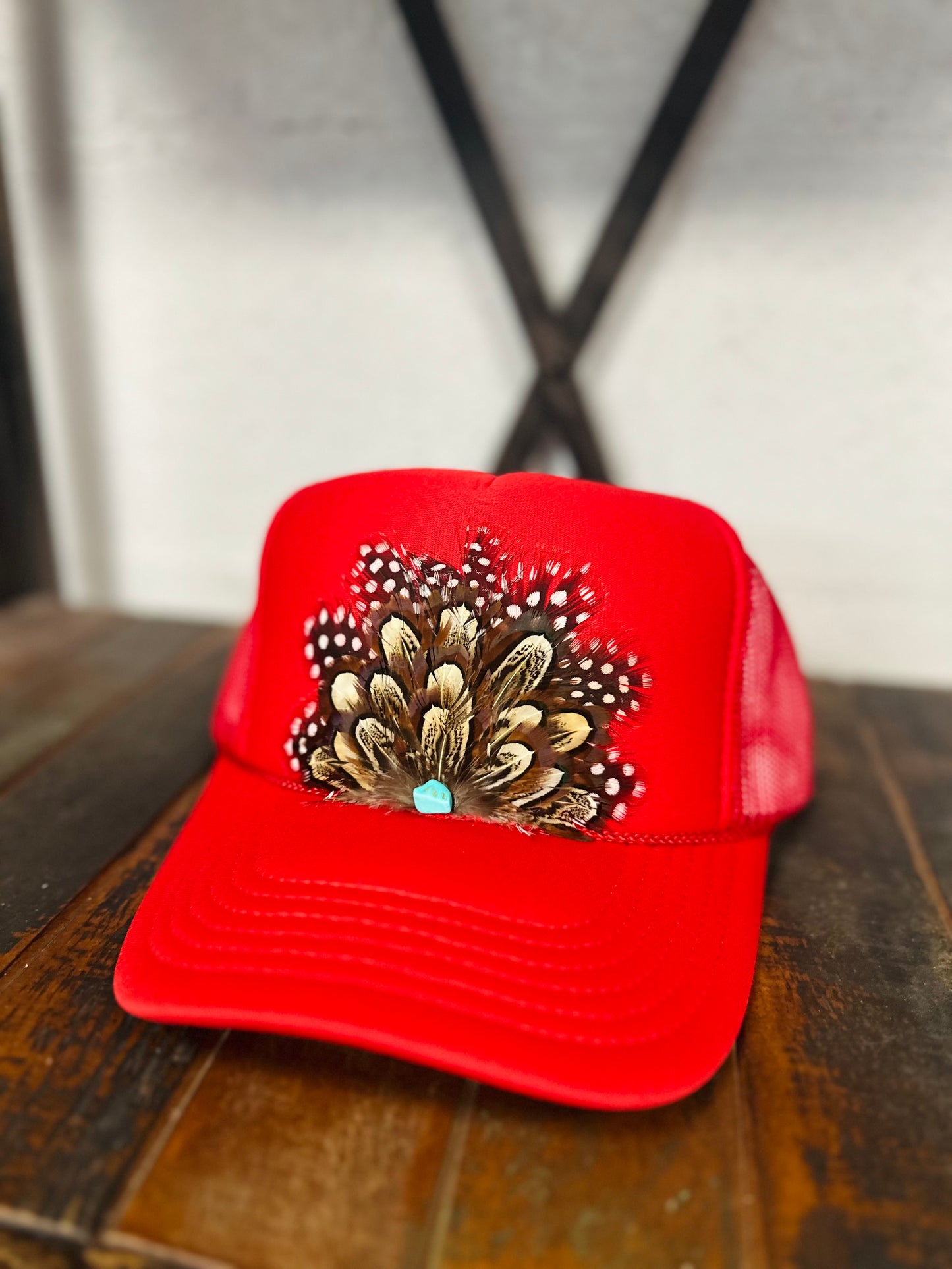 Red Feather + Turquoise Stone Trucker Hat