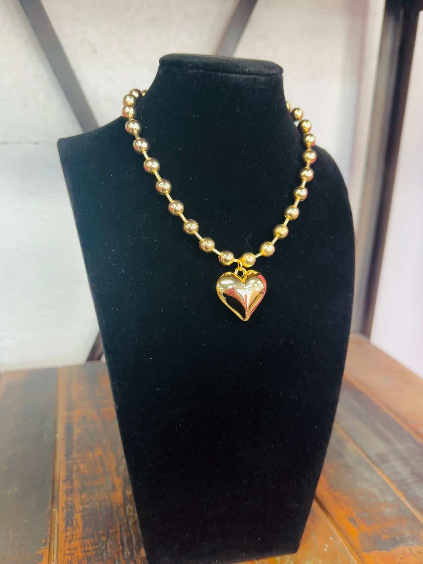 Gold Puffy Heart Beaded Necklace