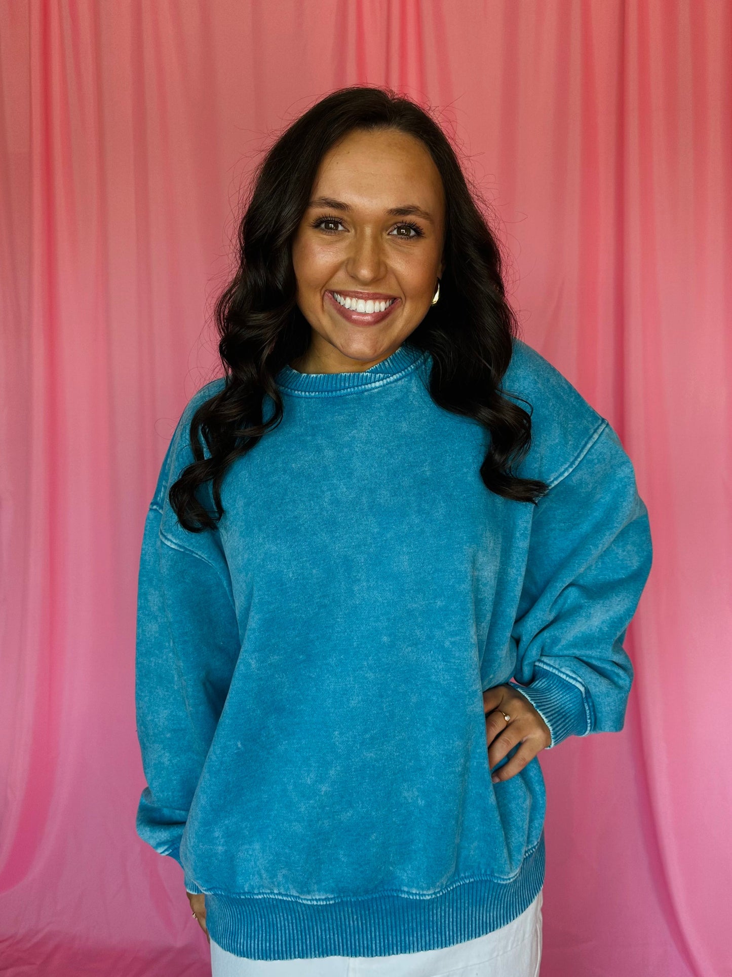 Deep Sky Blue Acid Wash Oversized Pullover