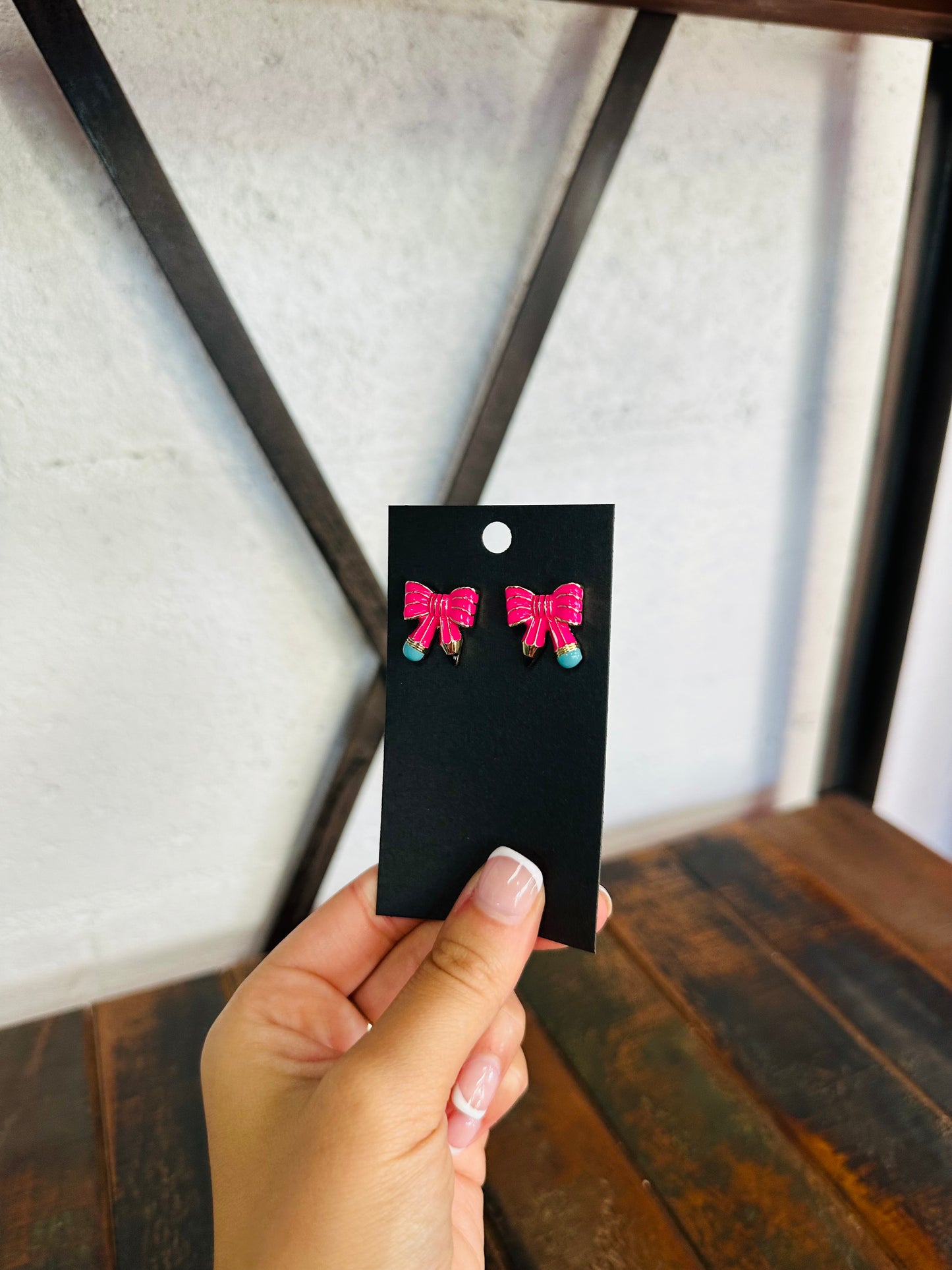 Hot Pink Bow Shaped Pencil Stud Earring