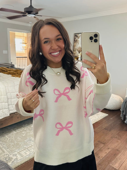 The Grace Pink + Cream Bow Sweater