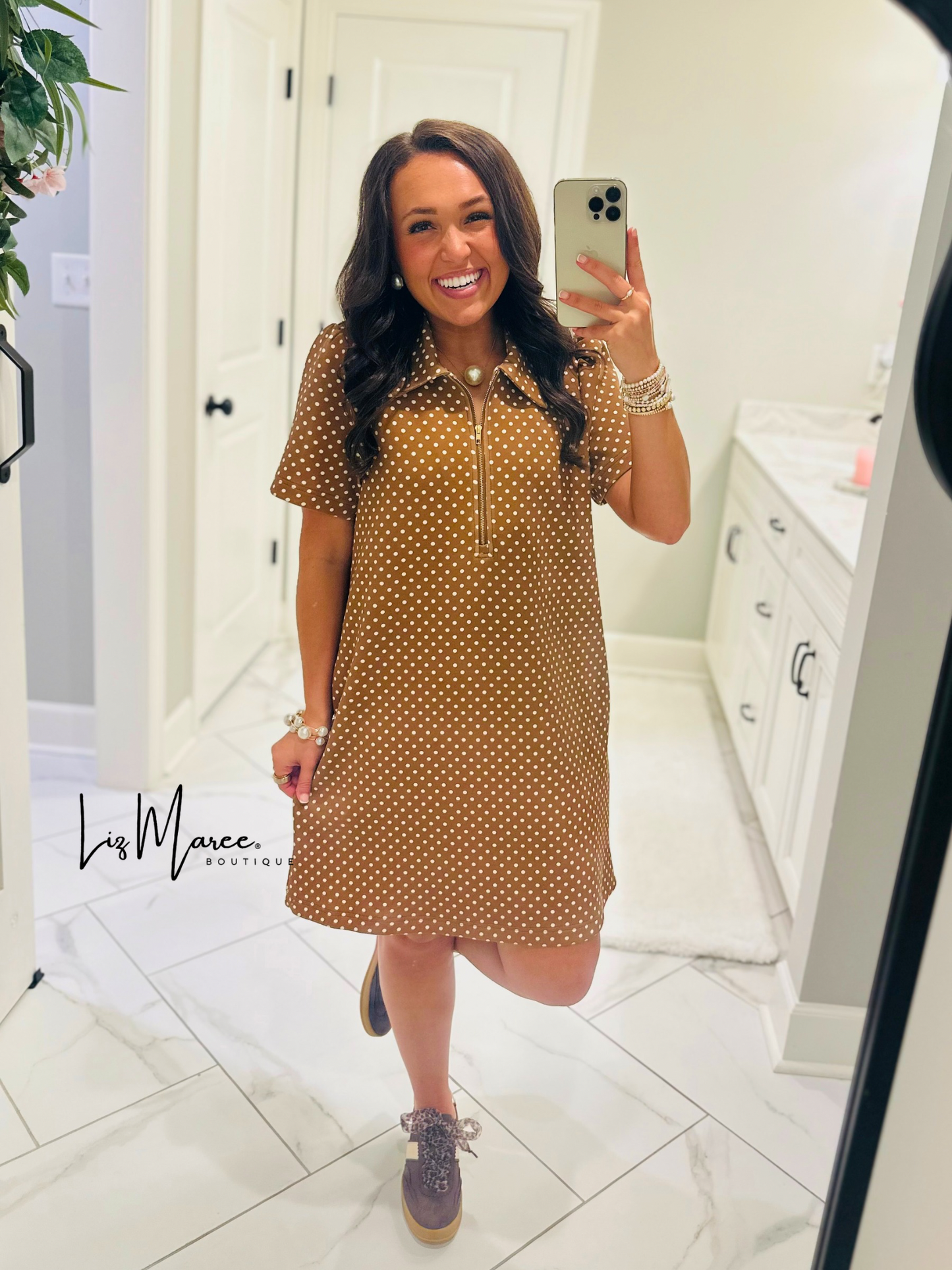 The Hadley Caramel Brown Polka Dot Quarter Zip Dress
