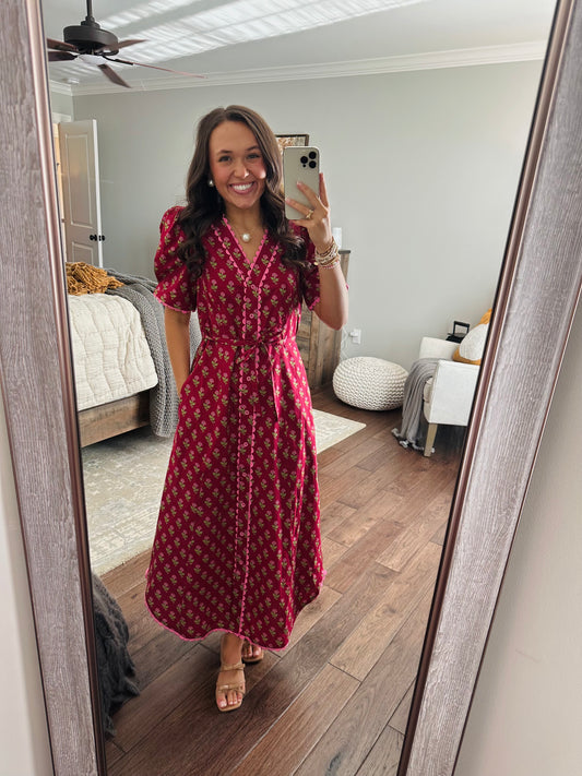 The Charlotte Burgundy Floral Scallop Trim Midi Dress