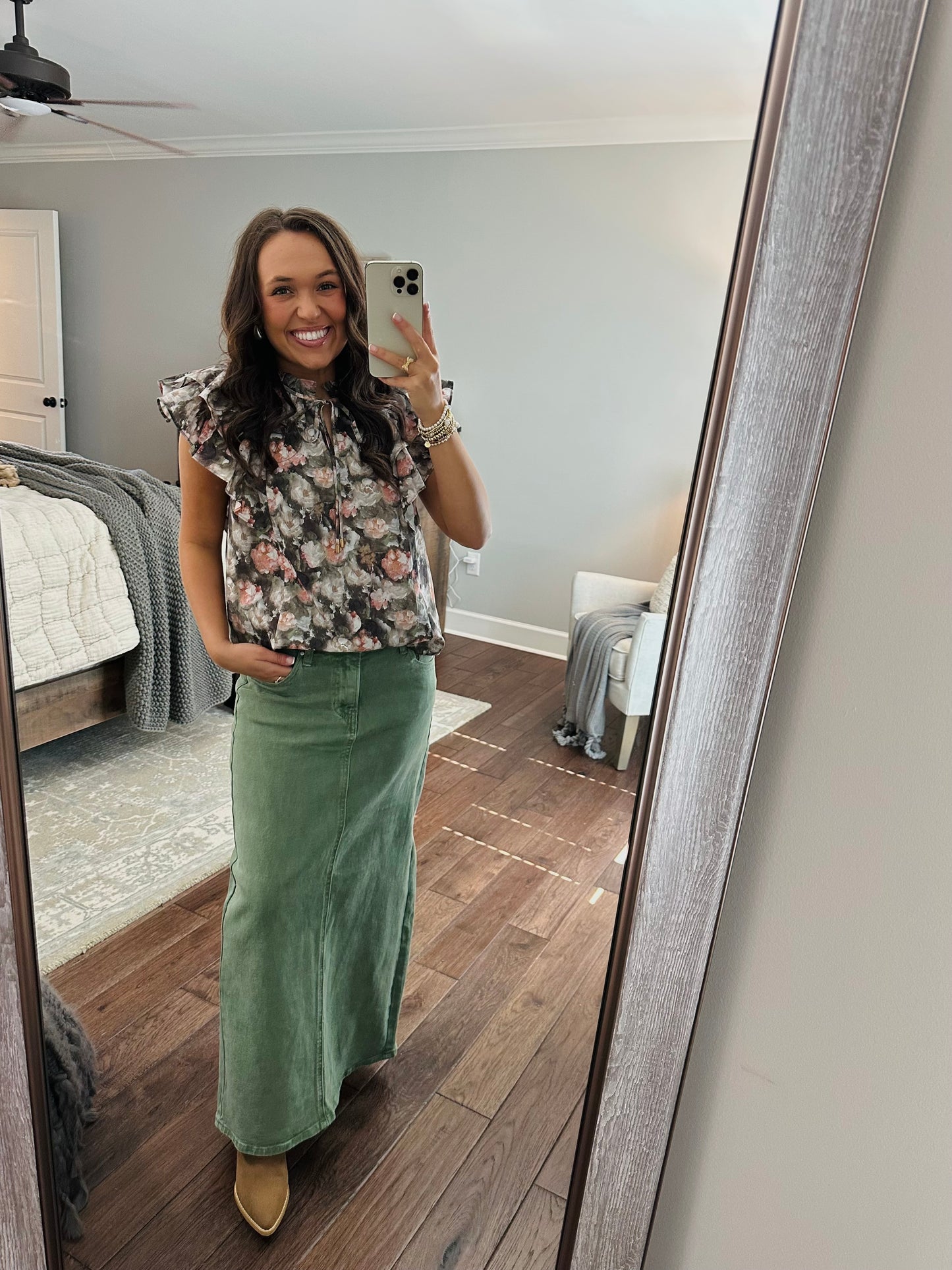 The Olive High Rise Back Slit Long Denim Skirt