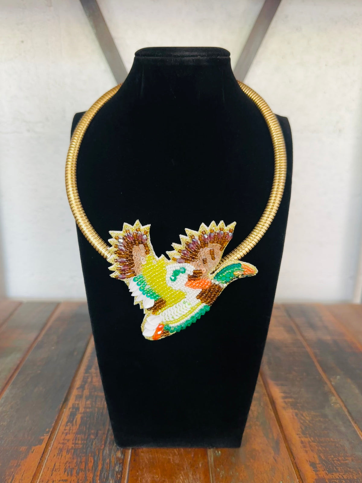 Green + Brown Mallard Beaded Collar Necklace