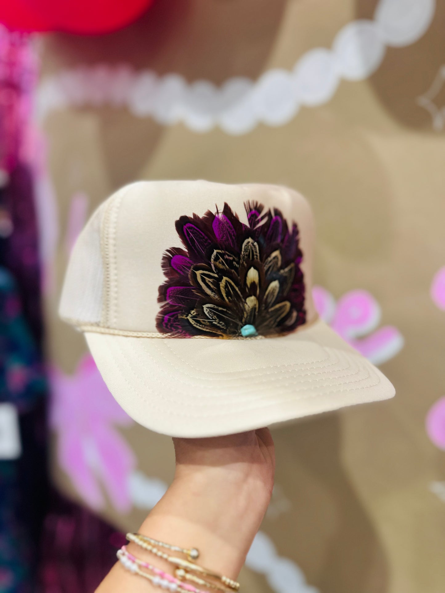 Tan + Purple Feather Trucker Hat