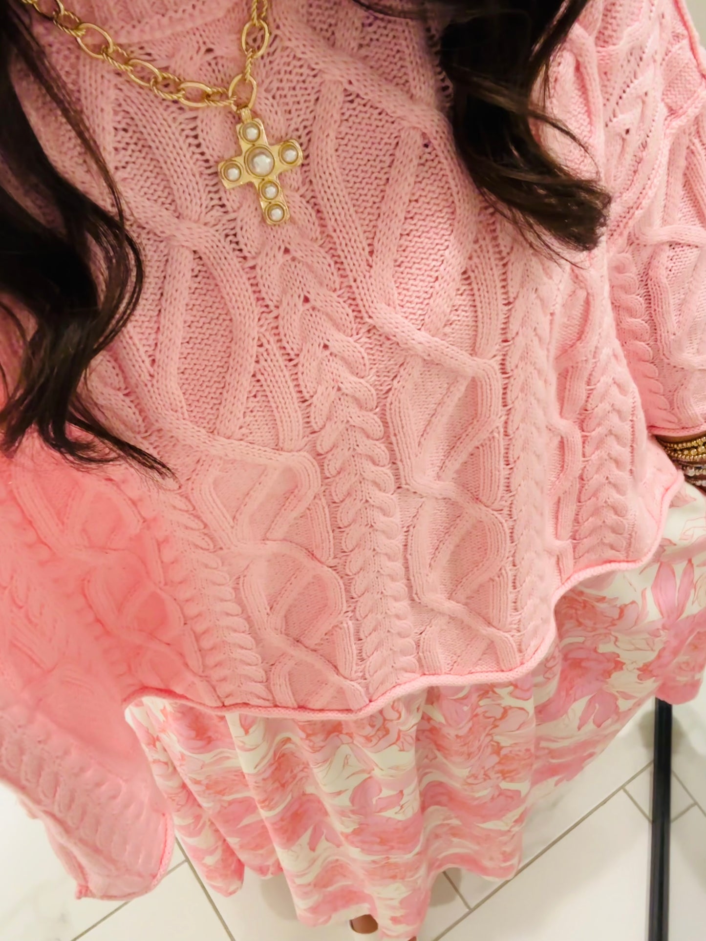 The Eliza Pink Chunky Ribbed Knit Cable Sweater