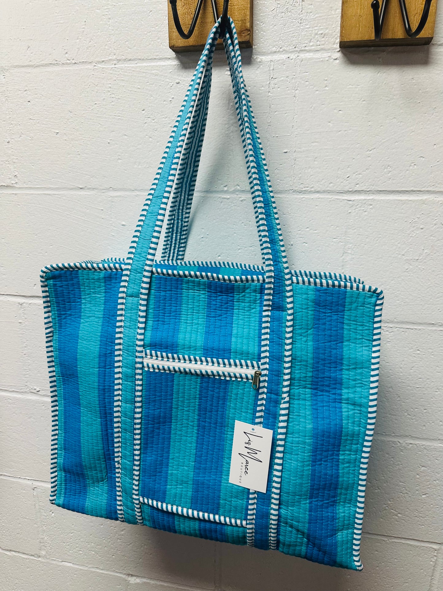 The Blue Oasis Striped Quilted Tote Bag