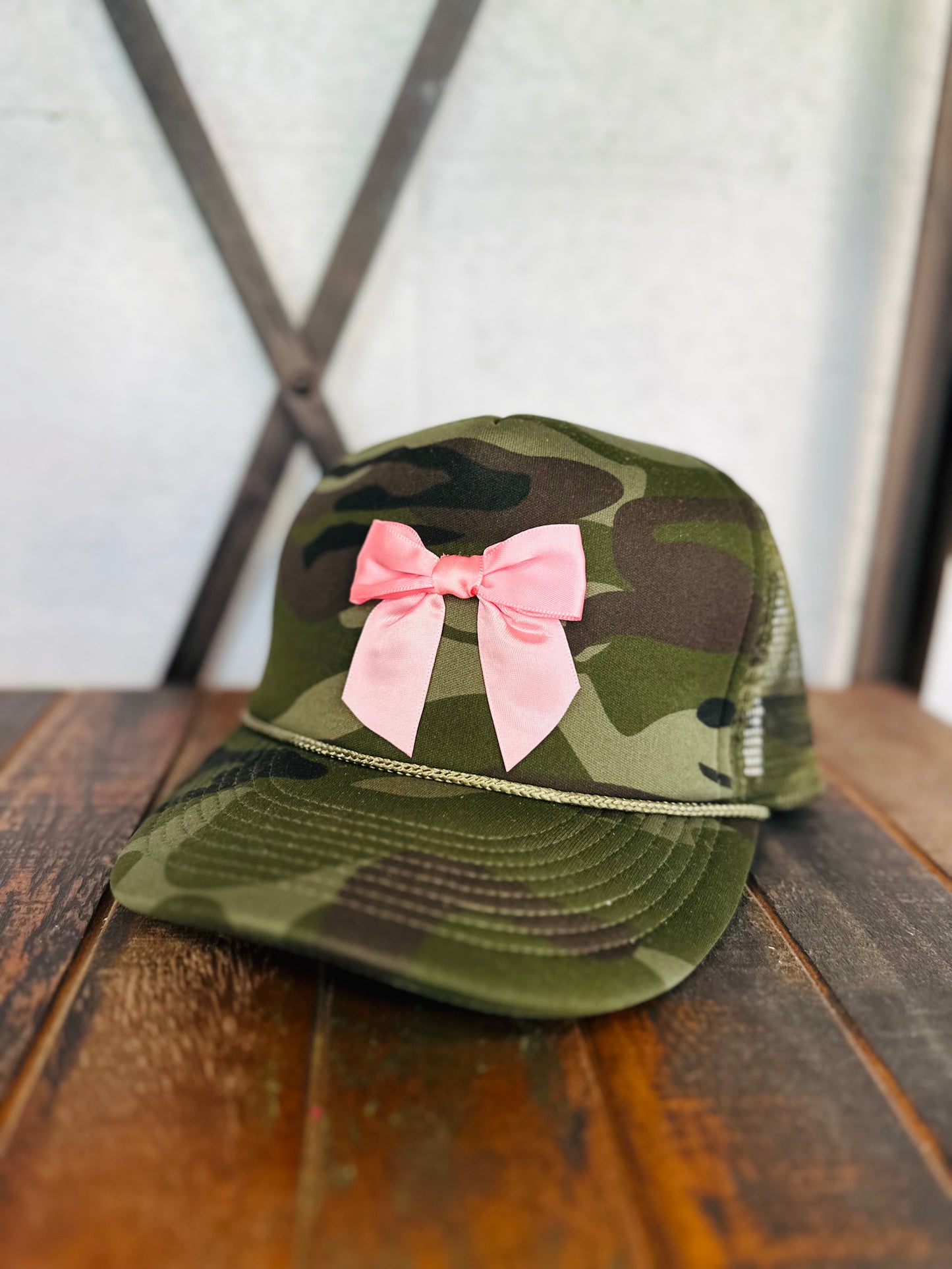 Camo Coquette Pink Satin Bow Trucker Hat