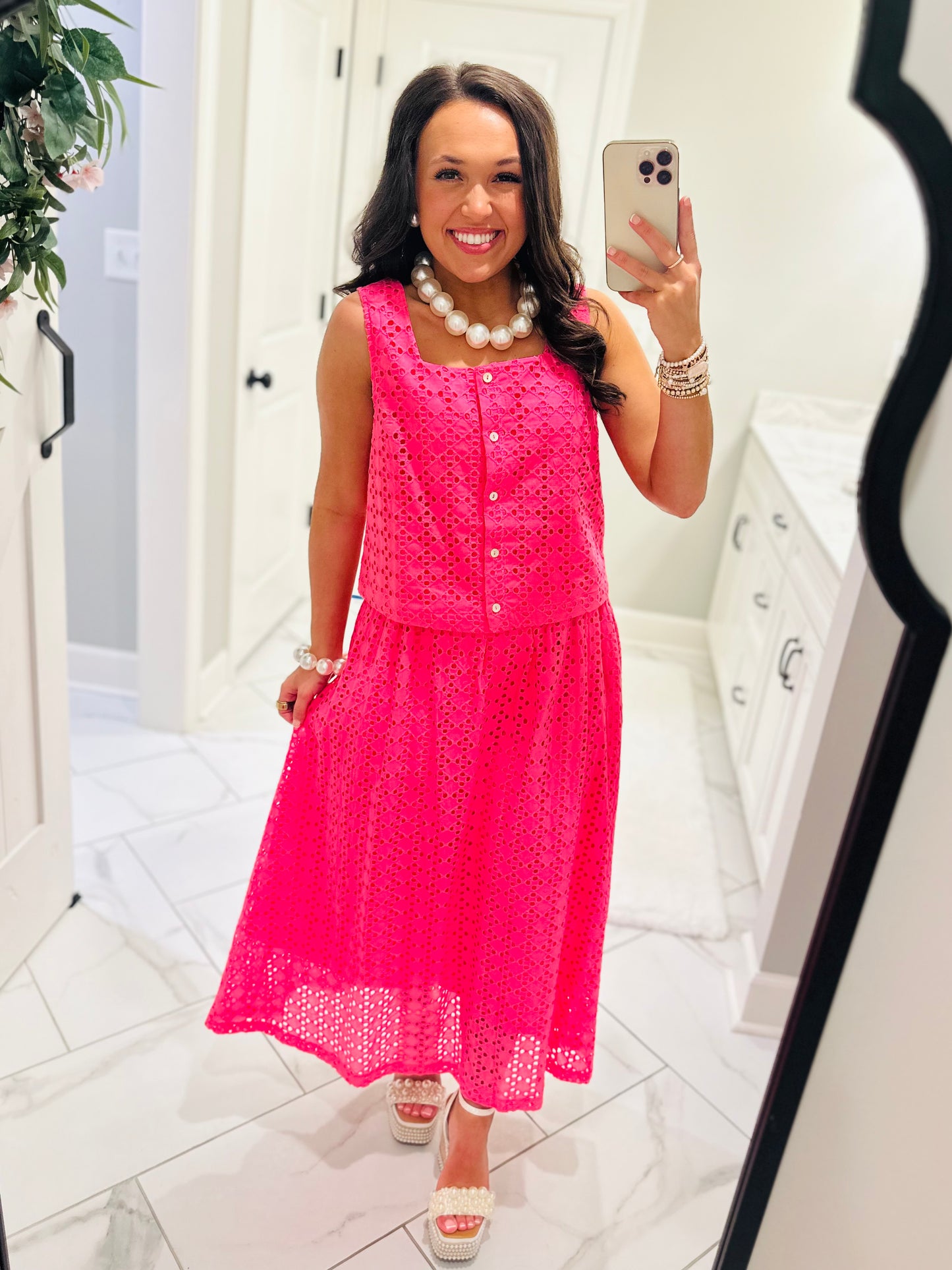 The Livi Hot Pink Eyelet Top + Skirt Set