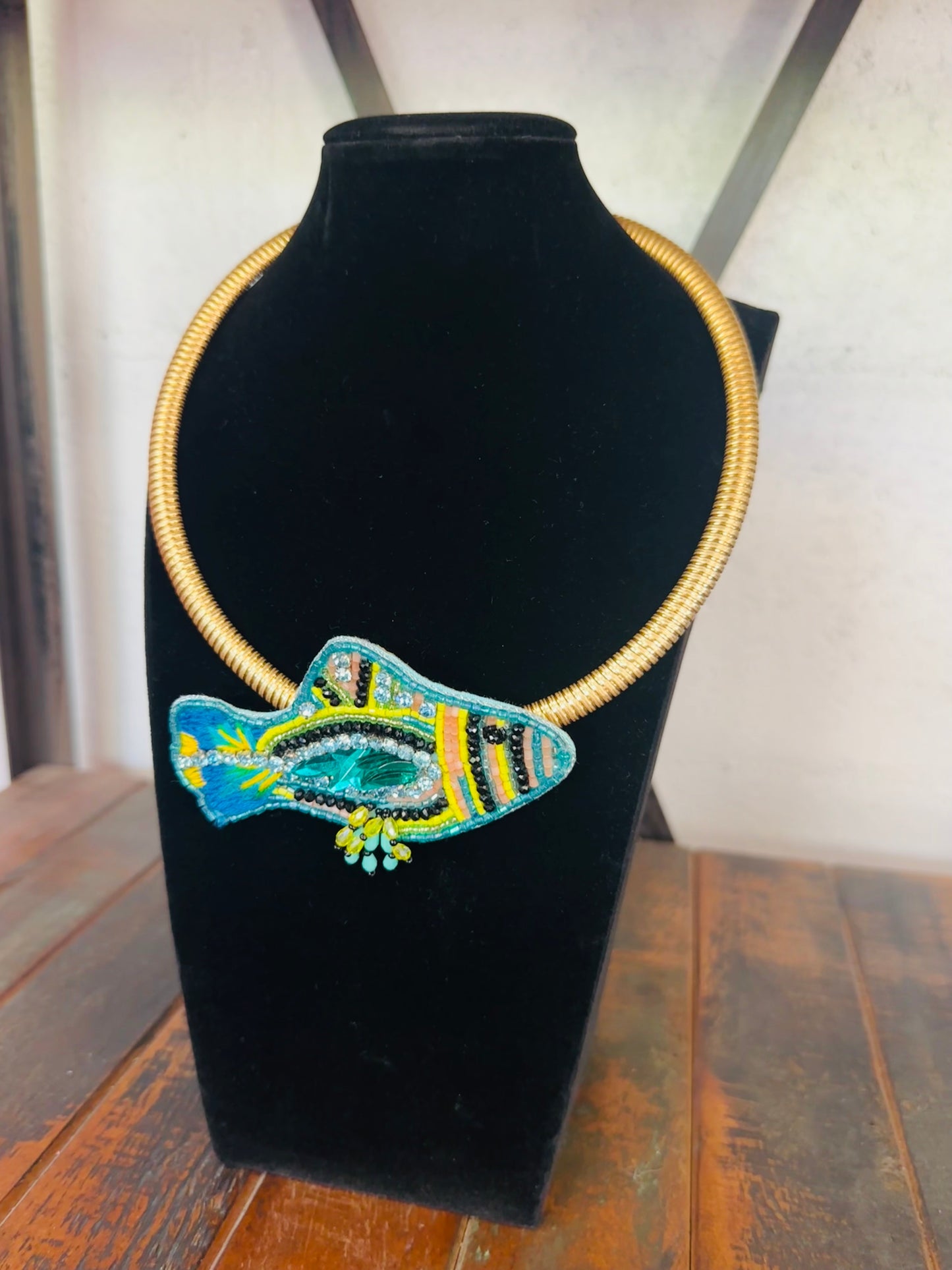 Blue + Green Beaded Fish Collar Necklace