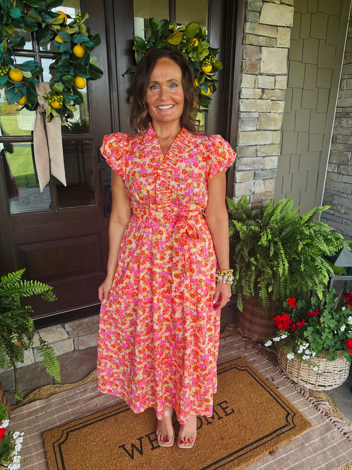 The Maree Pink + Orange Floral Midi Dress