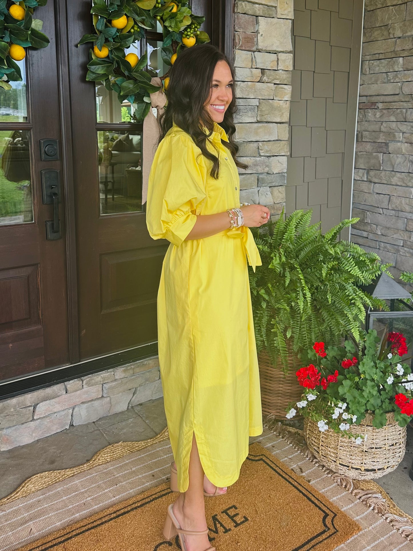 The Caroline Yellow Button Front Midi Dress