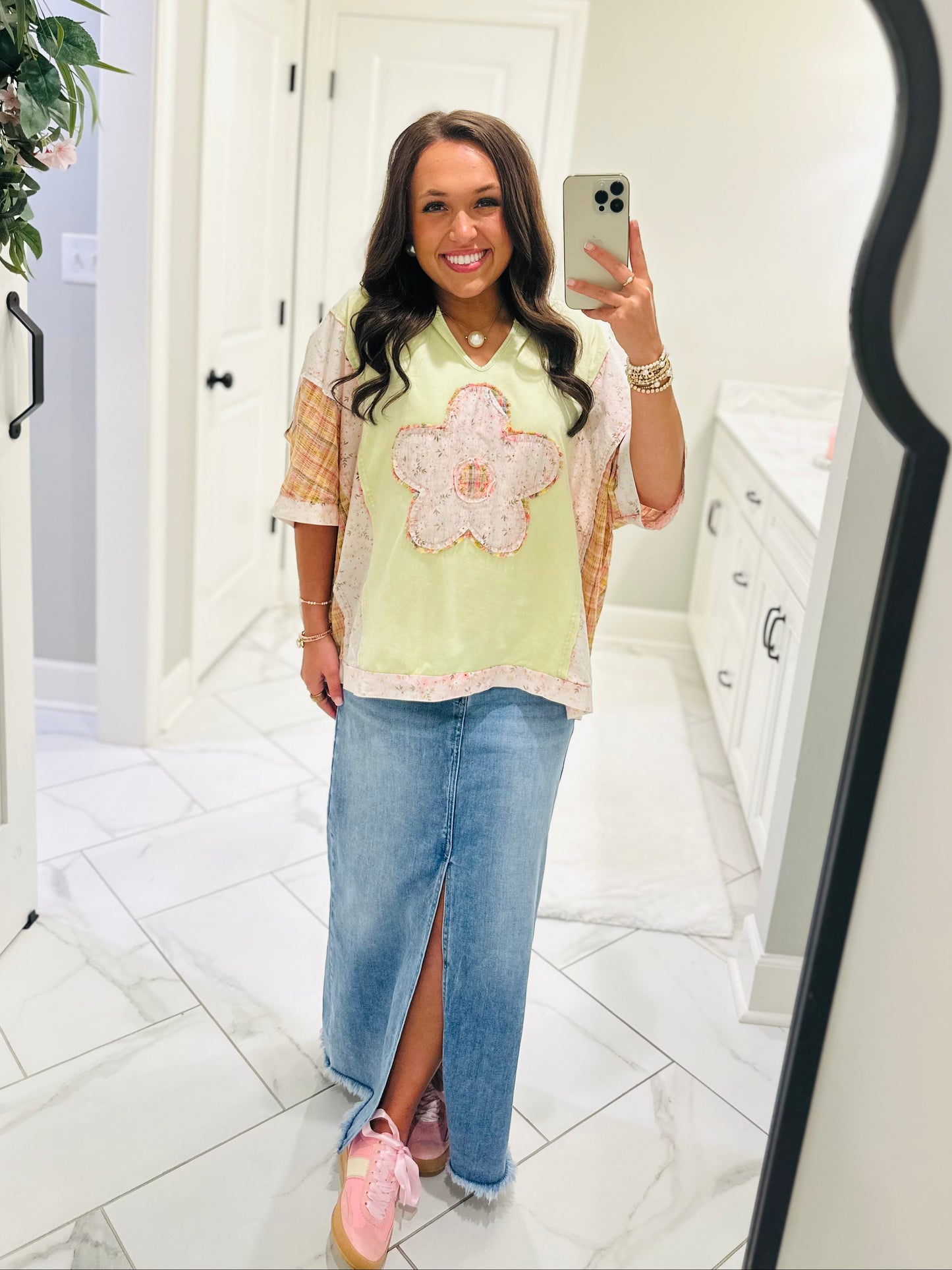 The Scarlett Lime Green Flower Patchwork Top