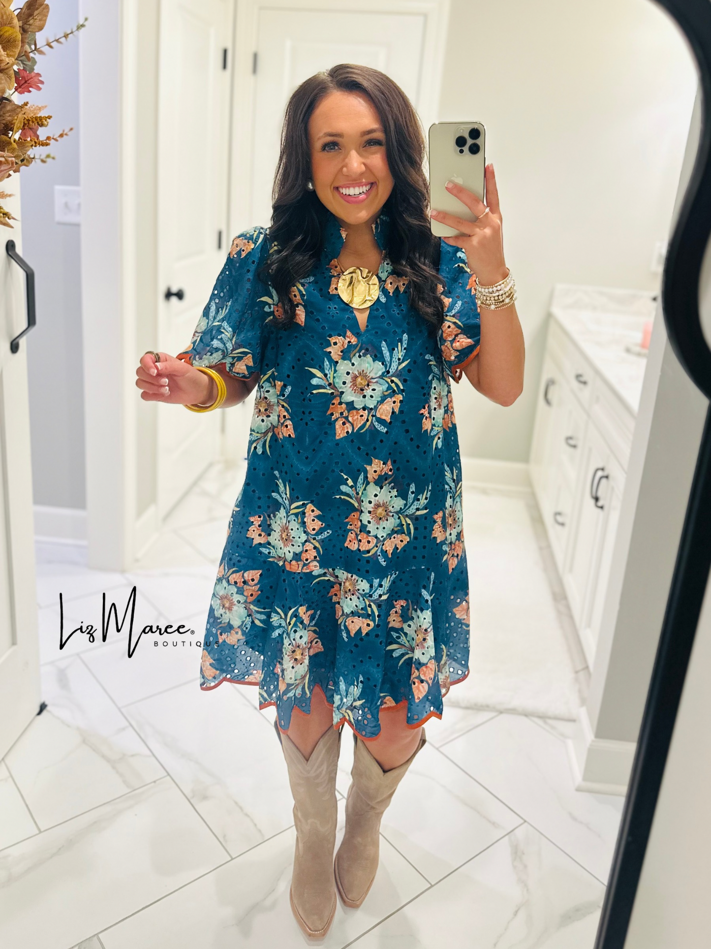 The Brinley Teal Green Floral Eyelet Scallop Dress