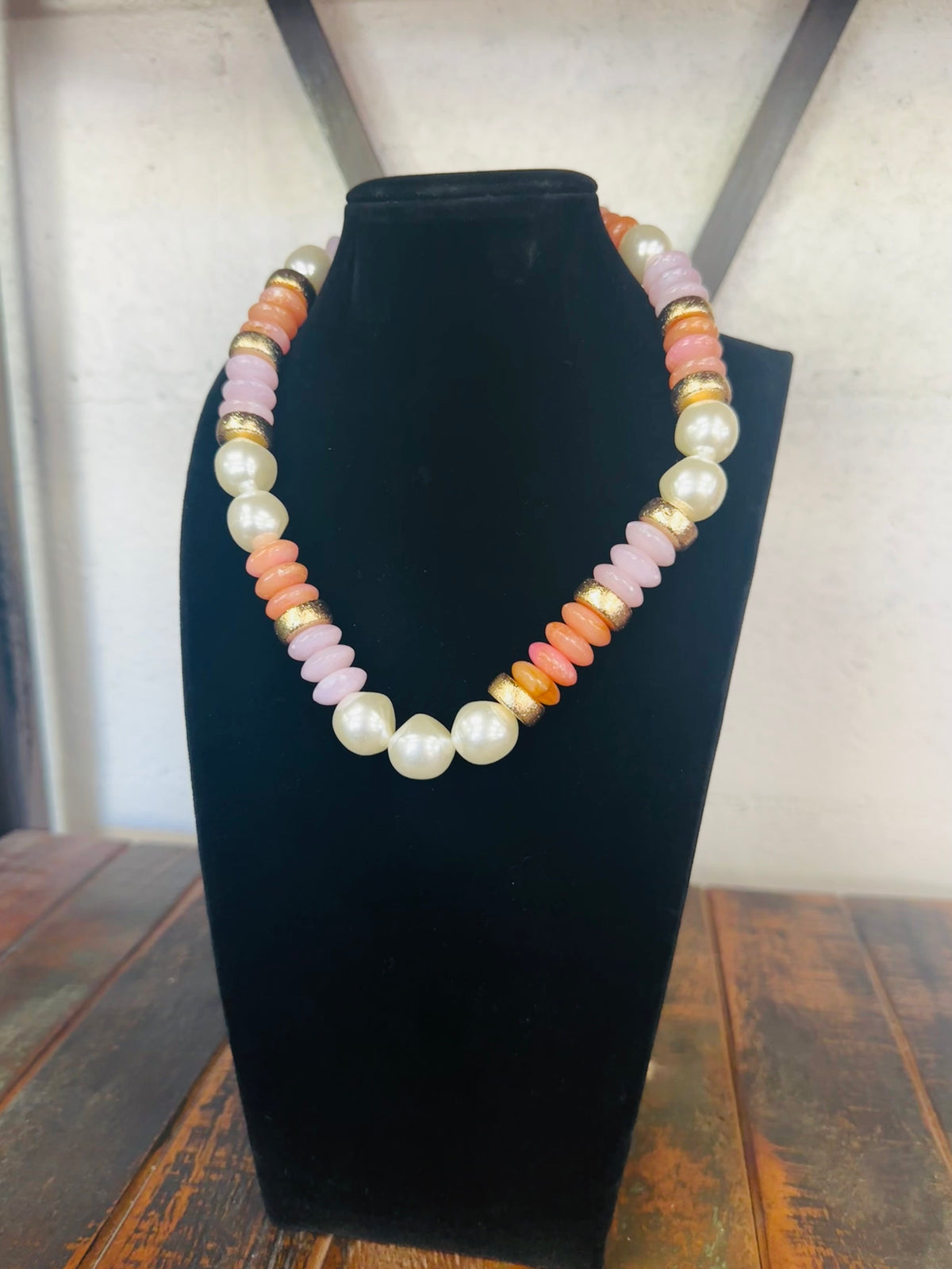Peach + Gold Pearl Bead Necklace