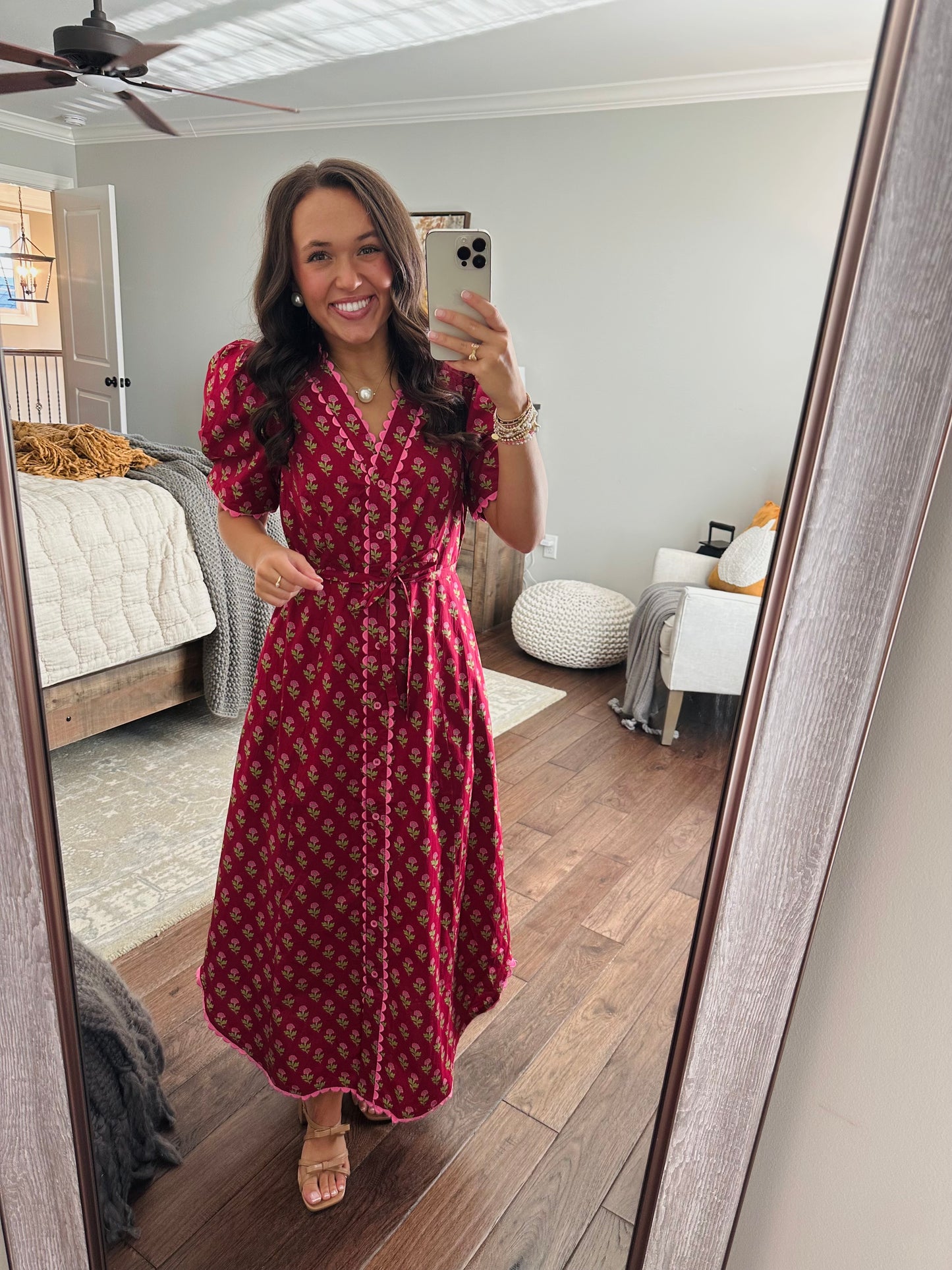 The Charlotte Burgundy Floral Scallop Trim Midi Dress