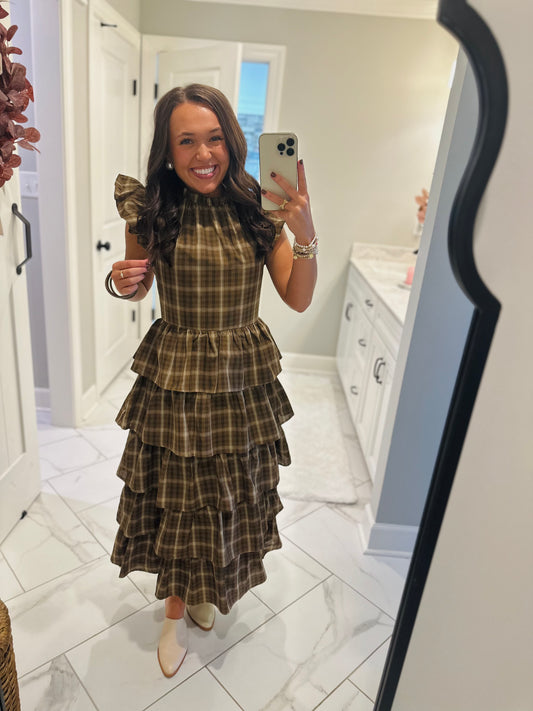The Timber Brown Plaid Ruffle Tiered Midi Dress