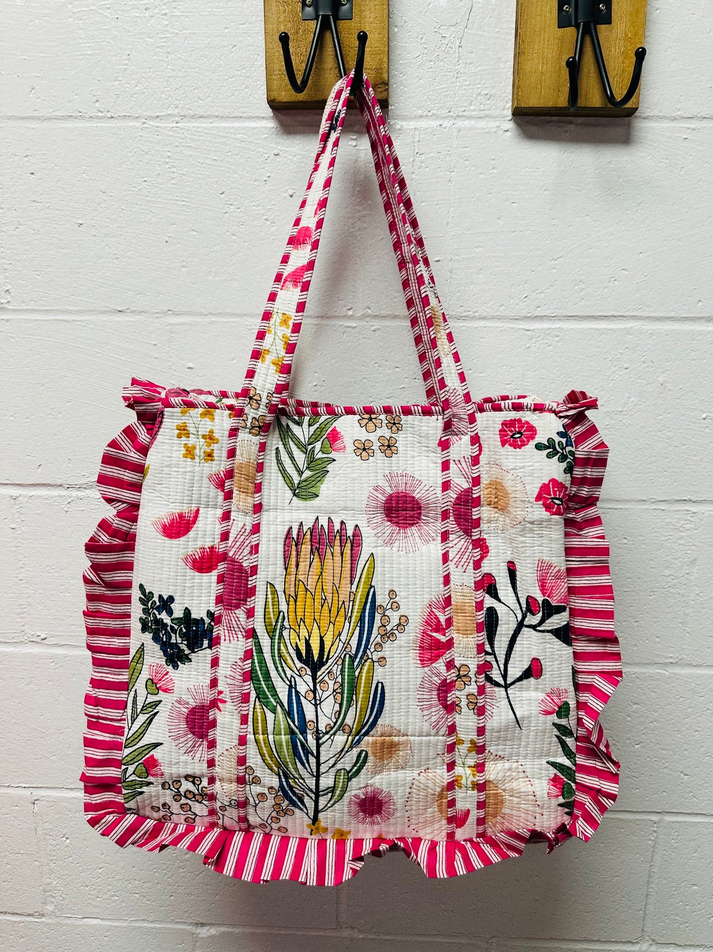 The White + Pink Floral Ruffle Quilted Tote Bag