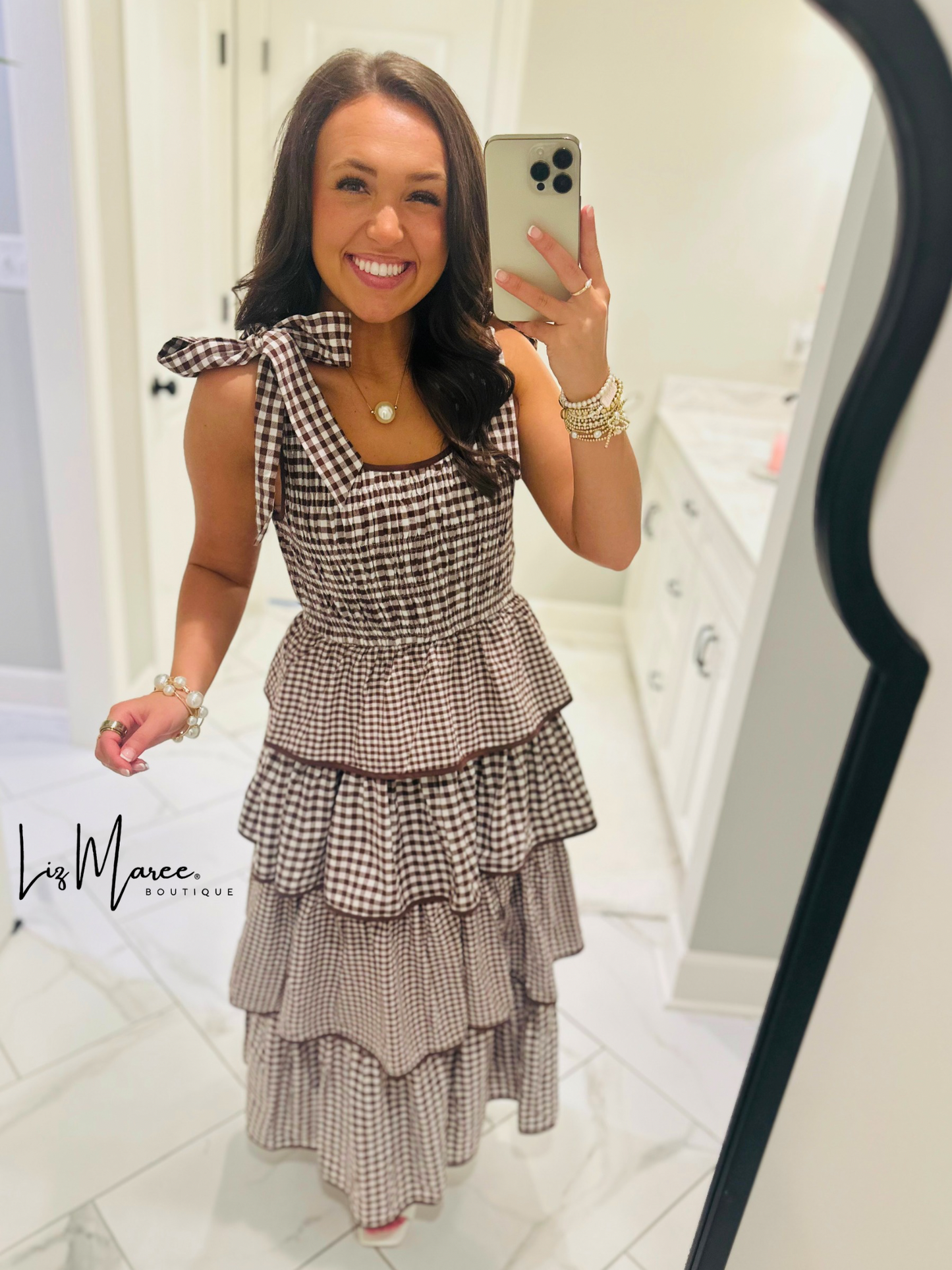 The Kacie Brown Gingham Tiered Ruffle Midi Dress