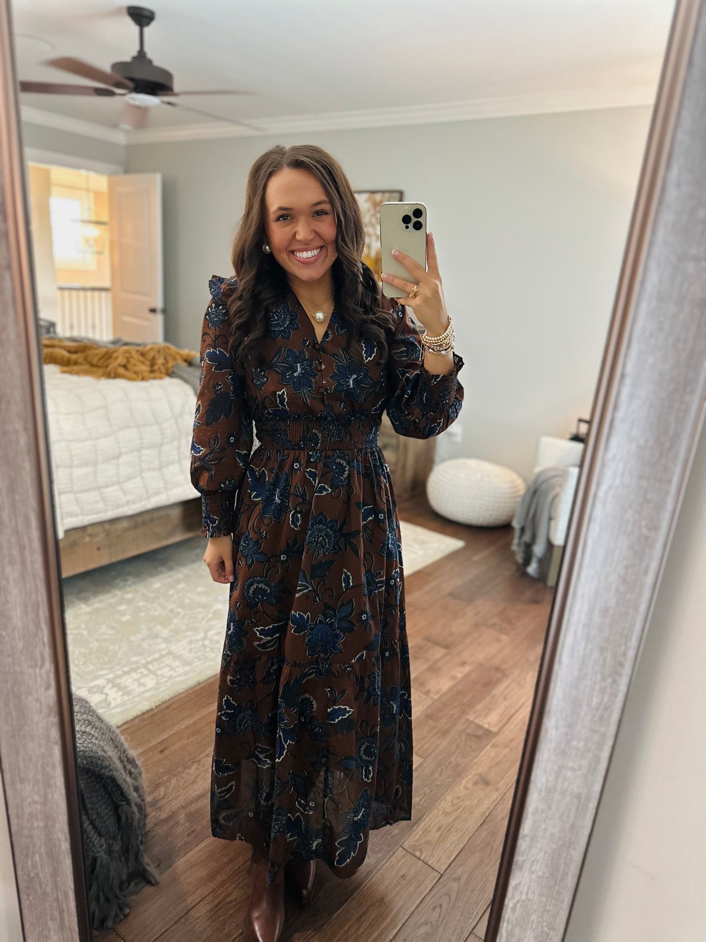The Marlina Brown + Blue Floral Midi Dress