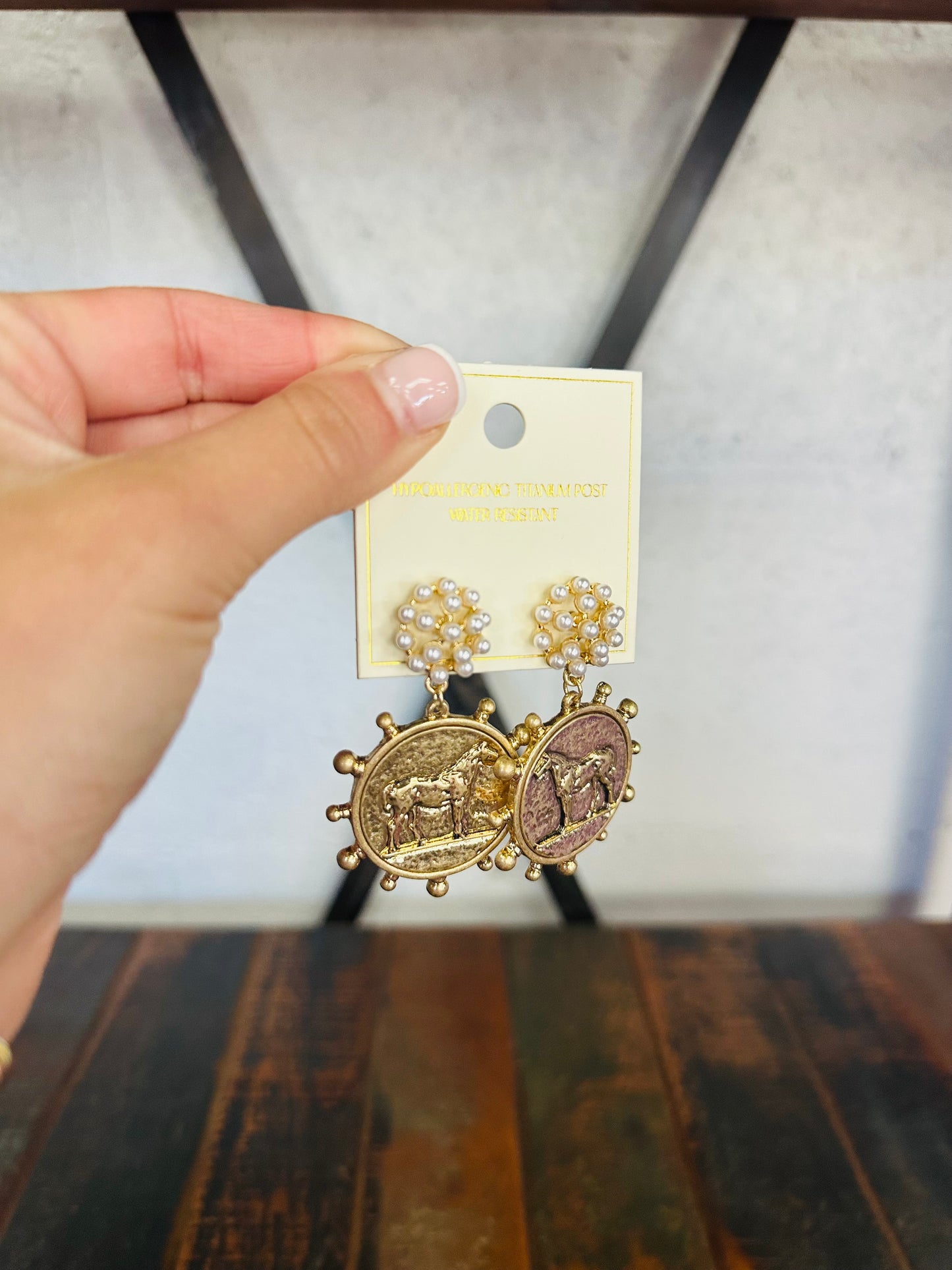 Gold Horse Coin & Pearl Drop Earrings