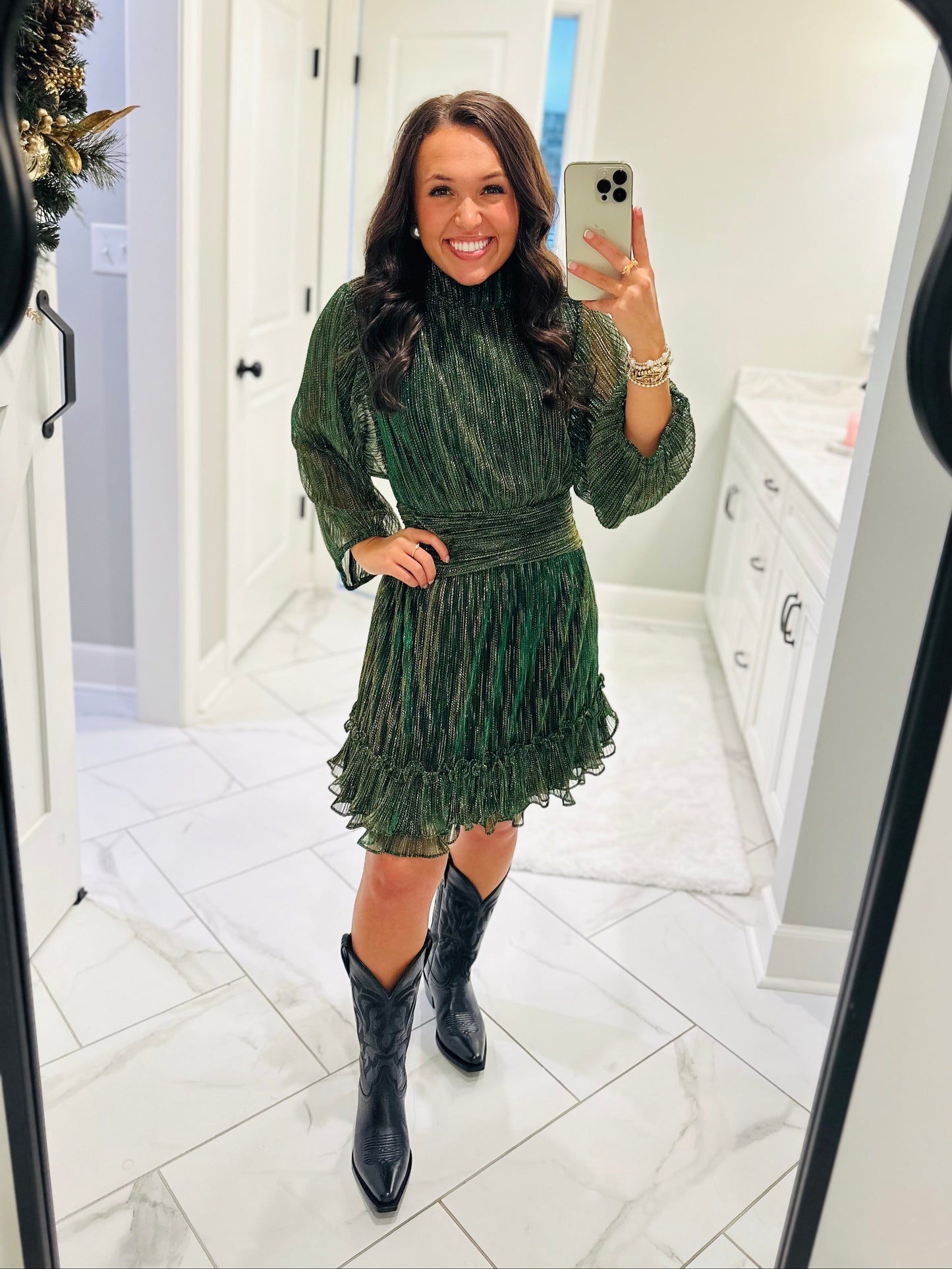 The Dasher Emerald Green Shiny Ruffle Dress