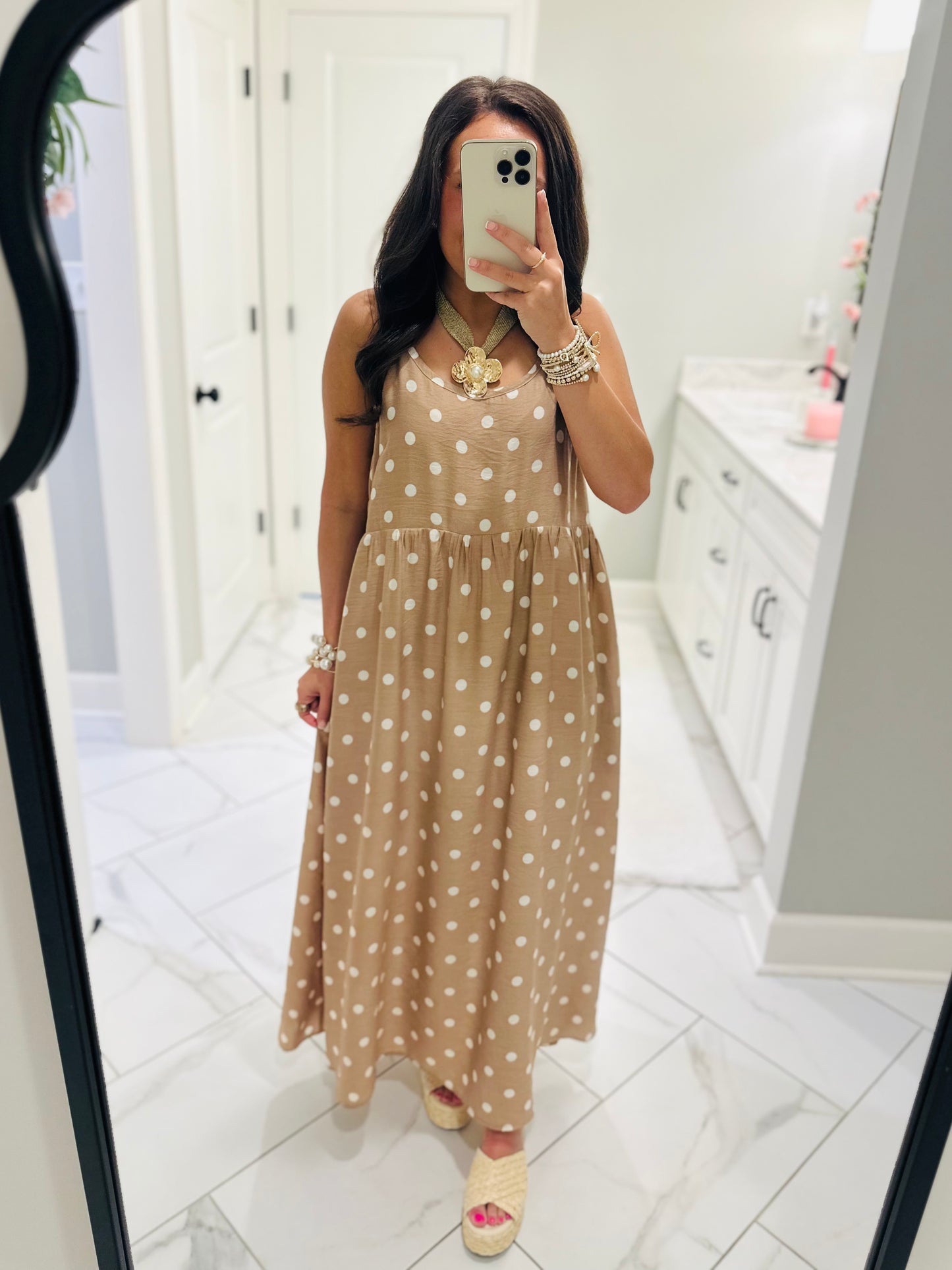 The Lennon Cream Tan Layered Polka Dot Midi Dress