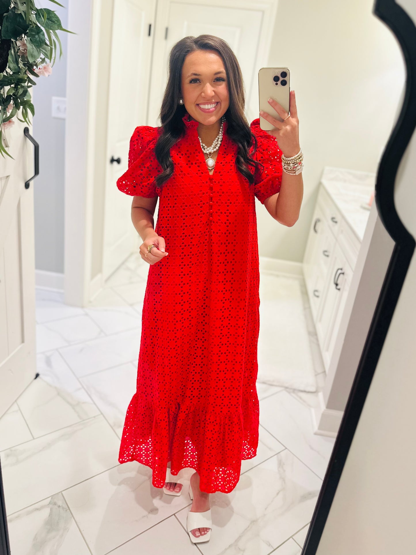 The Liz Red Eyelet Midi Dress
