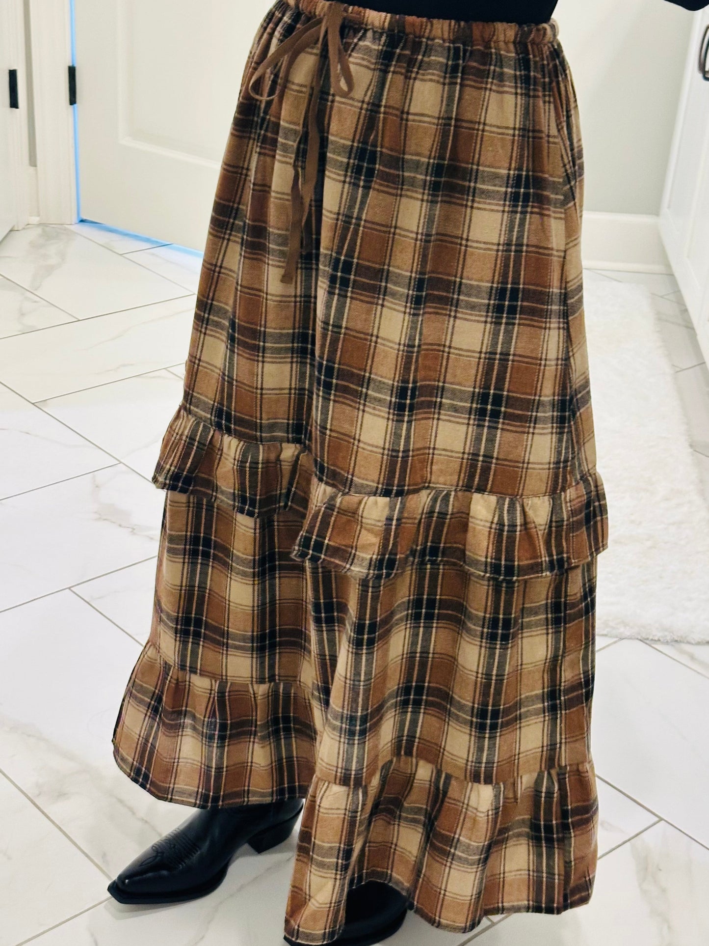 The Raine Mocha Plaid Ruffle Tiered Midi Skirt