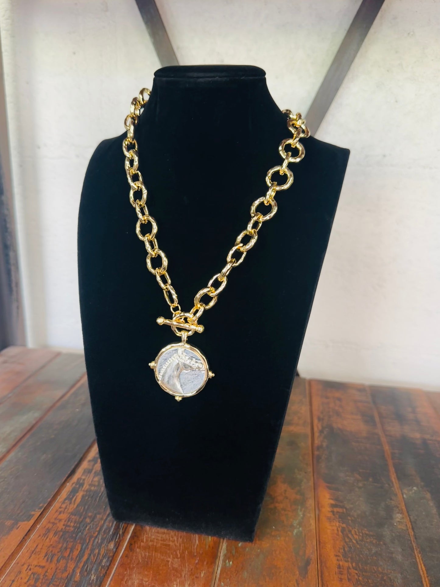Gold + Silver Horse Round Pendant Necklace