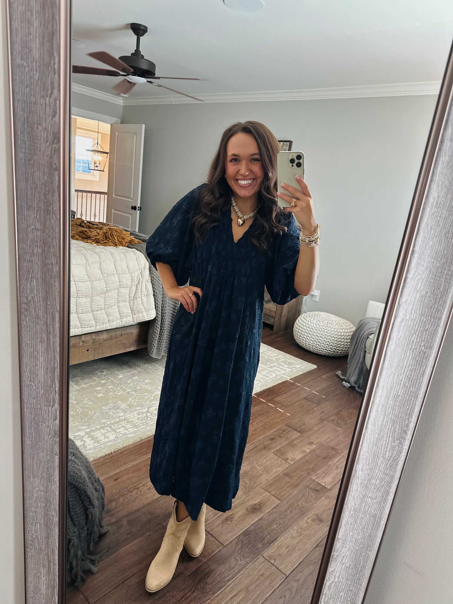 The Mina Navy Textured Midi Dress
