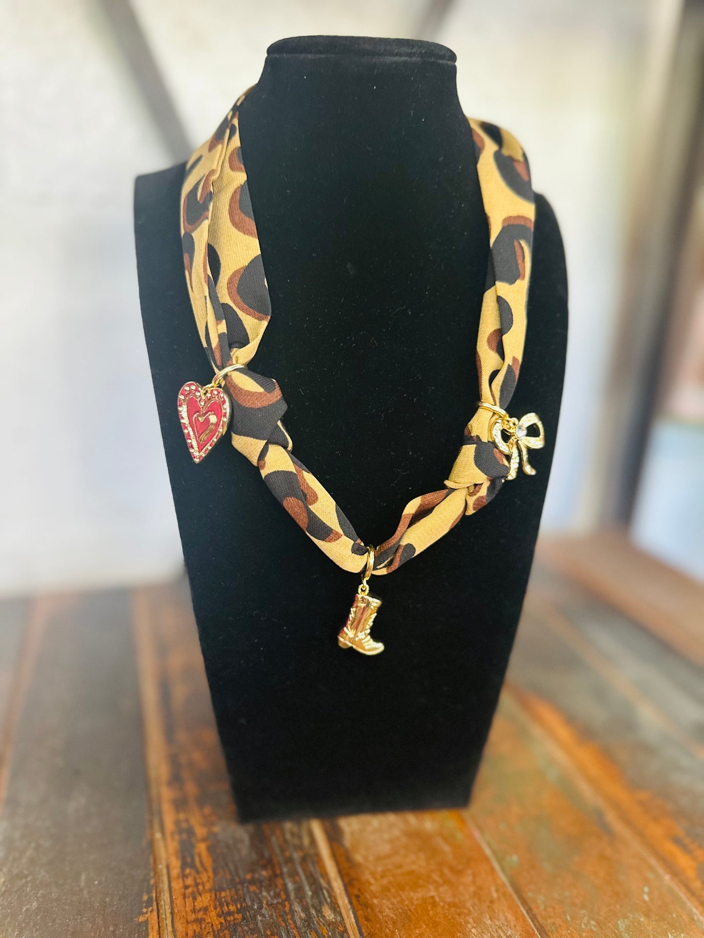 Leopard Silk Scarf + Charm Pendant Necklace