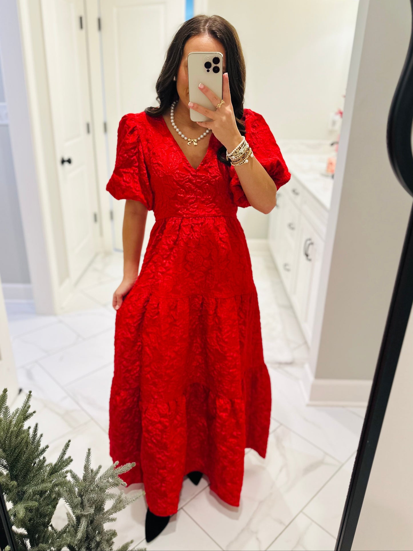 The Aria Red Jacquard Maxi Dress