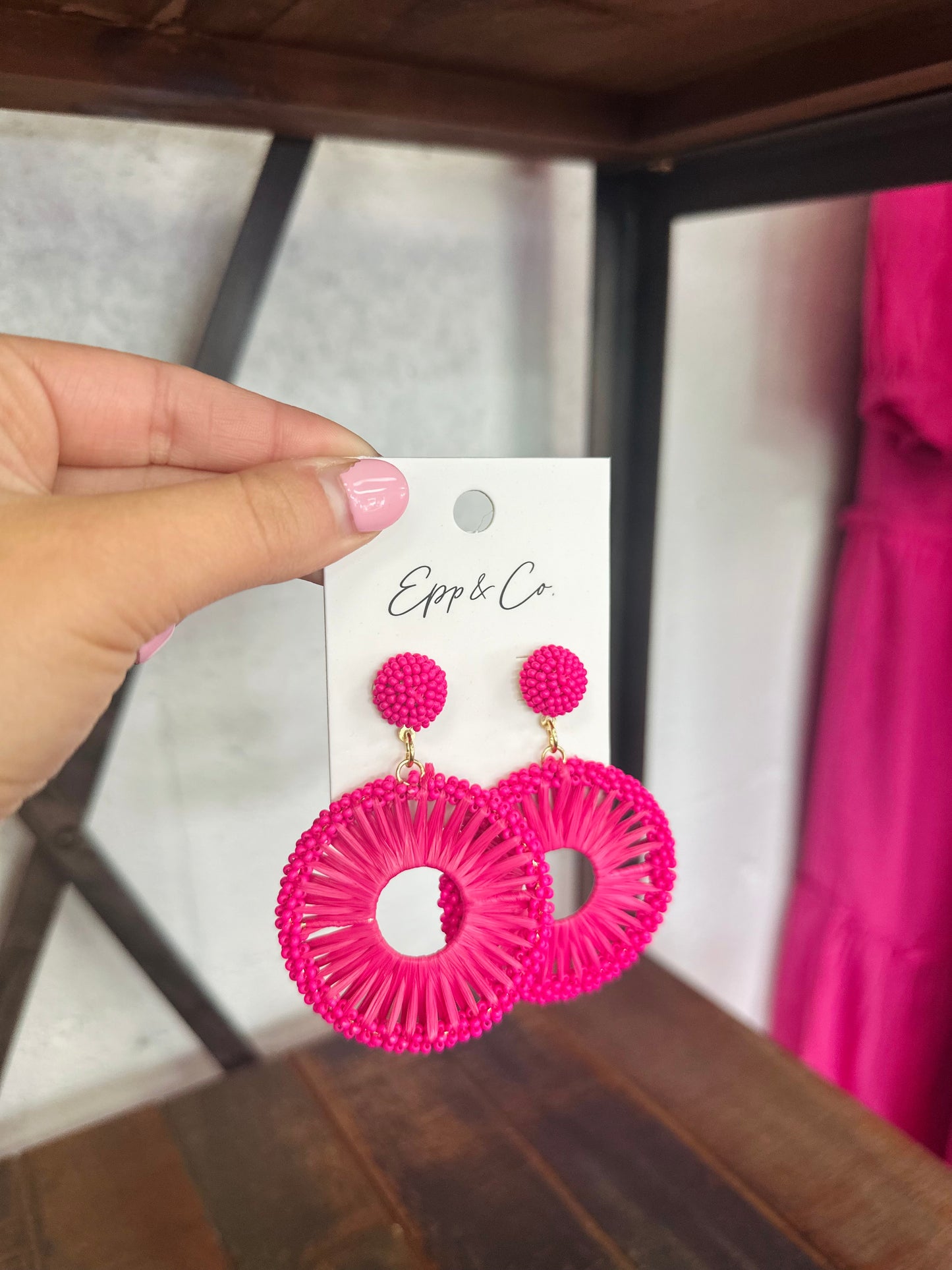 Fuchsia Beaded Raffia Circle Drops