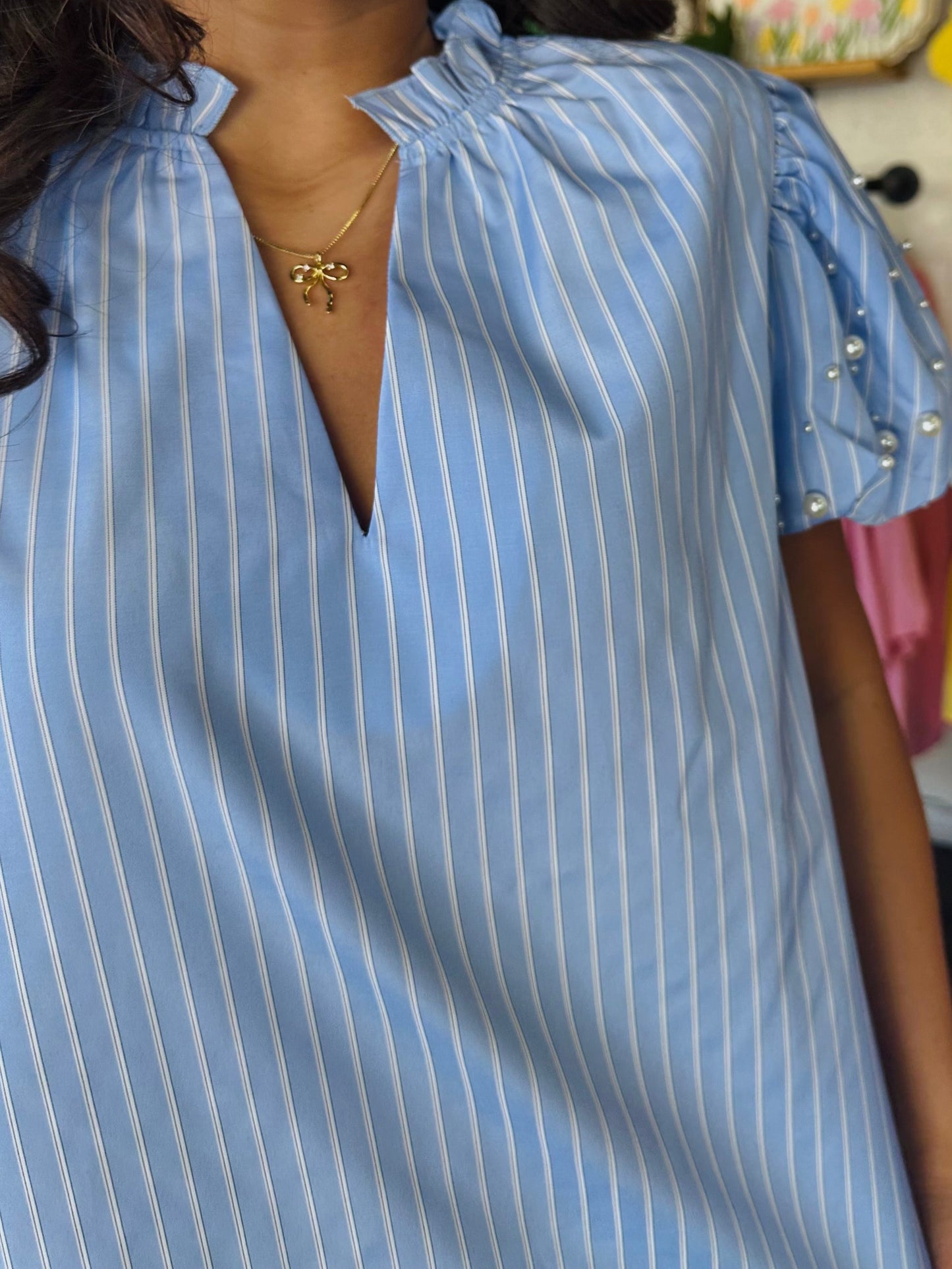 The Brynn Blue Pearl Puff Sleeve Top