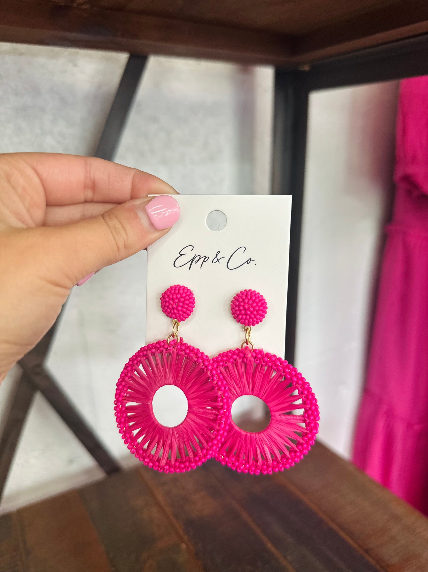 Fuchsia Beaded Raffia Circle Drops