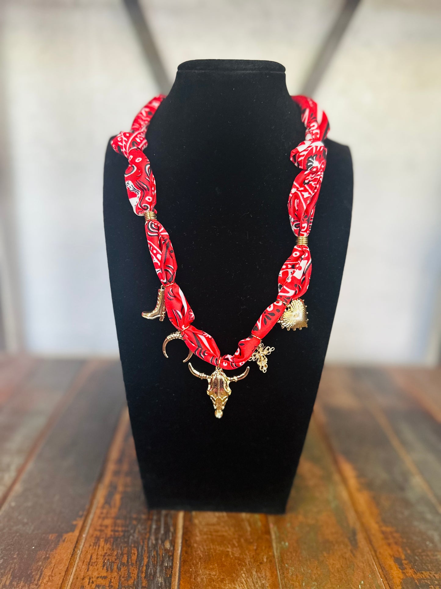 Western Steer Gold Charm Scarf Necklace - Red