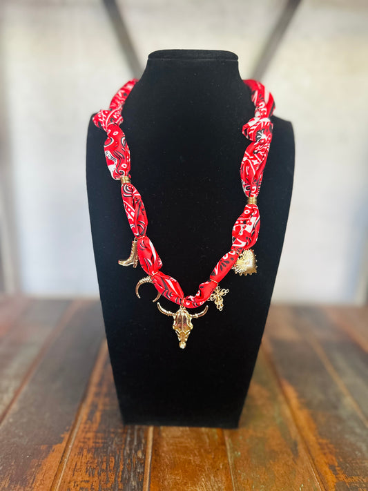 Western Steer Gold Charm Scarf Necklace - Red