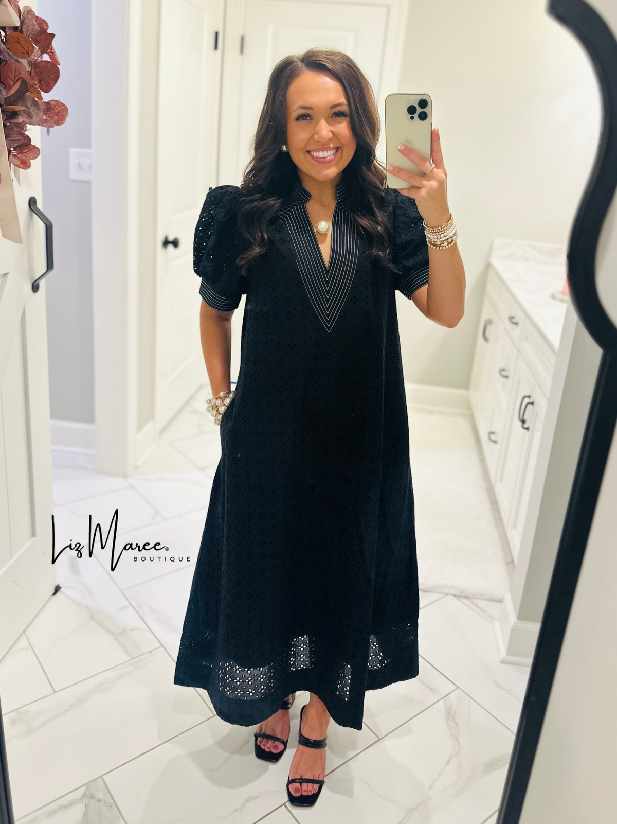 The Adley Black Eyelet Midi Dress