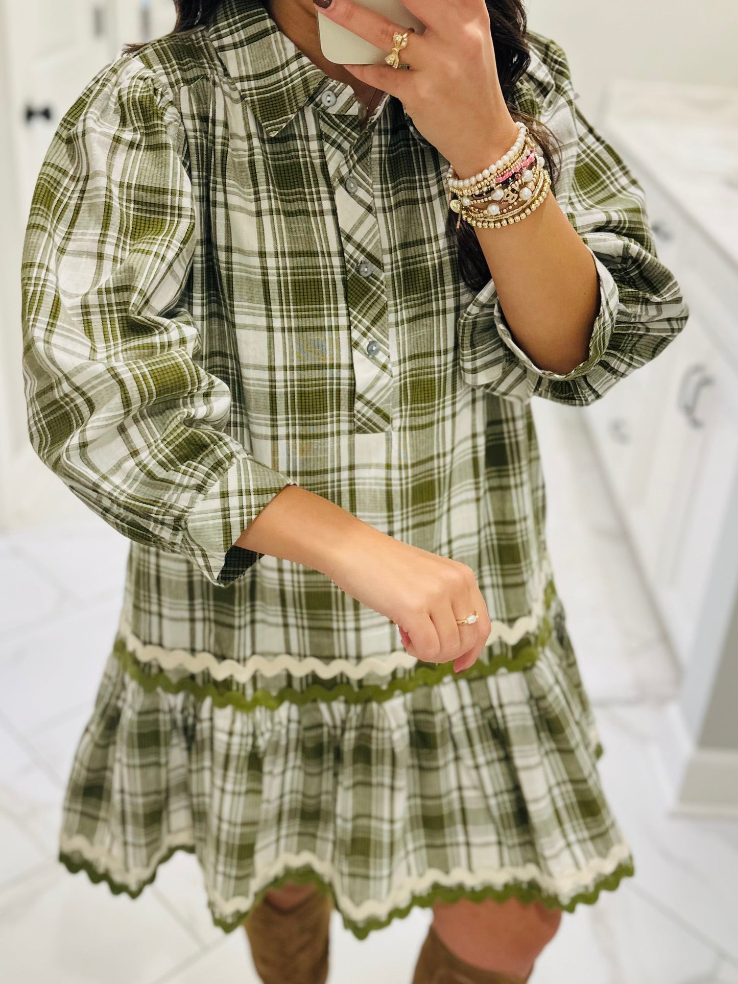 The Gale Olive Green Plaid Dress