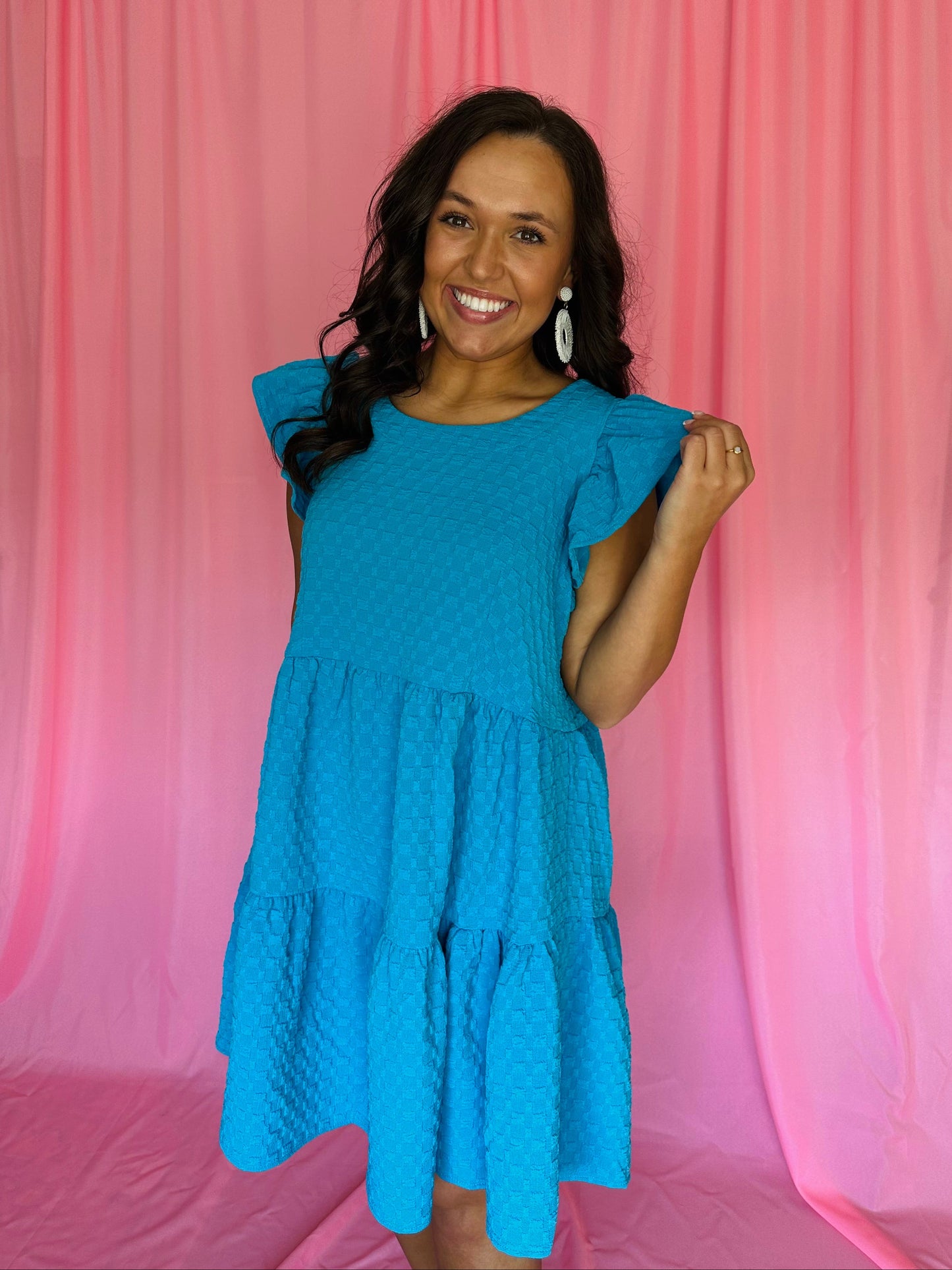 The Kodi Bright Blue Textured Tiered Swing Dress