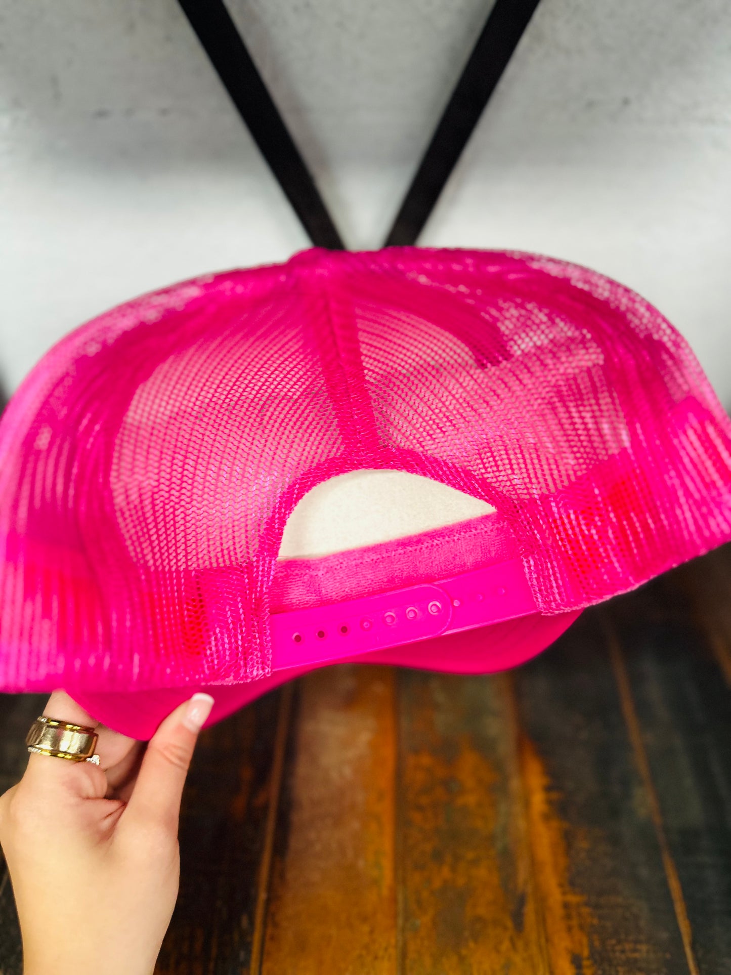 Hot Pink Feather + Trio Diamond Stone Trucker Hat
