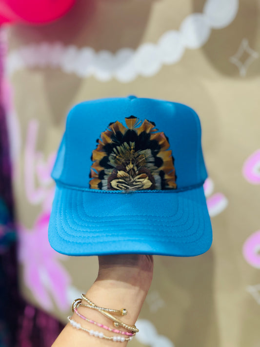 Aqua Blue Feather Trucker Hat