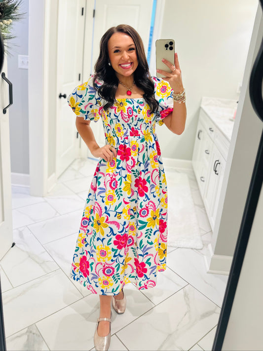 The Kes White Floral Smocked Midi Dress