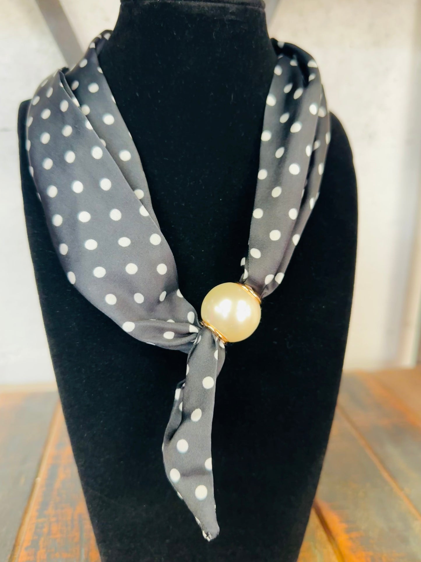Black + White Polkadot Pearl Scarf Necklace