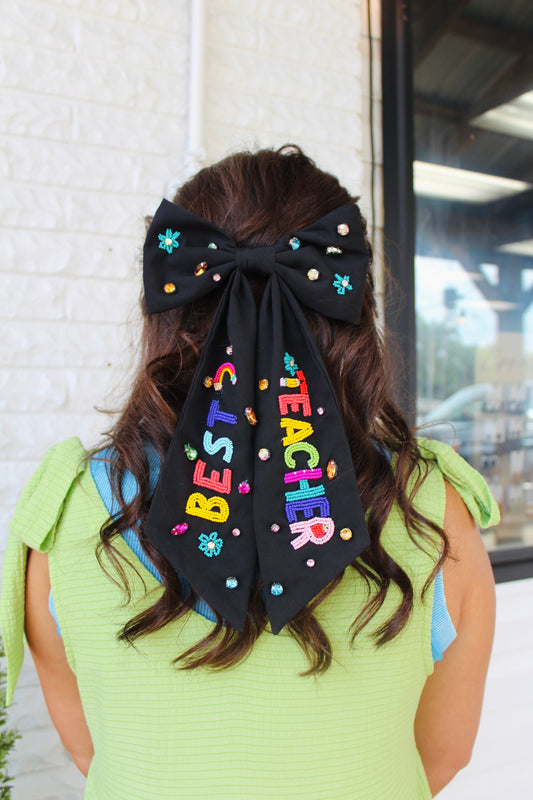 Black Best Teacher Embroidered Bow