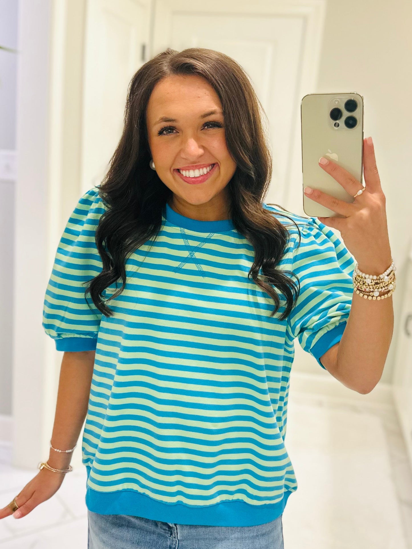 The Summer Blue + Lime Green Striped Puff Sleeve Top
